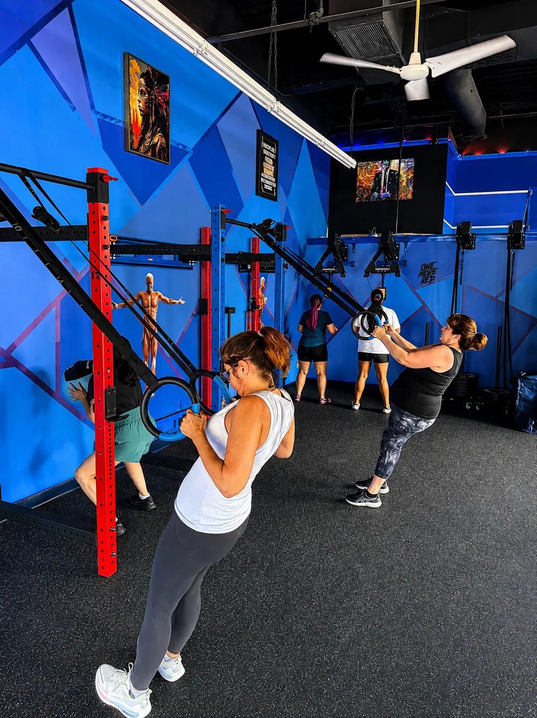 Members doing ring rows during a Stretch & Flex circuit class at StretchPlusFlex