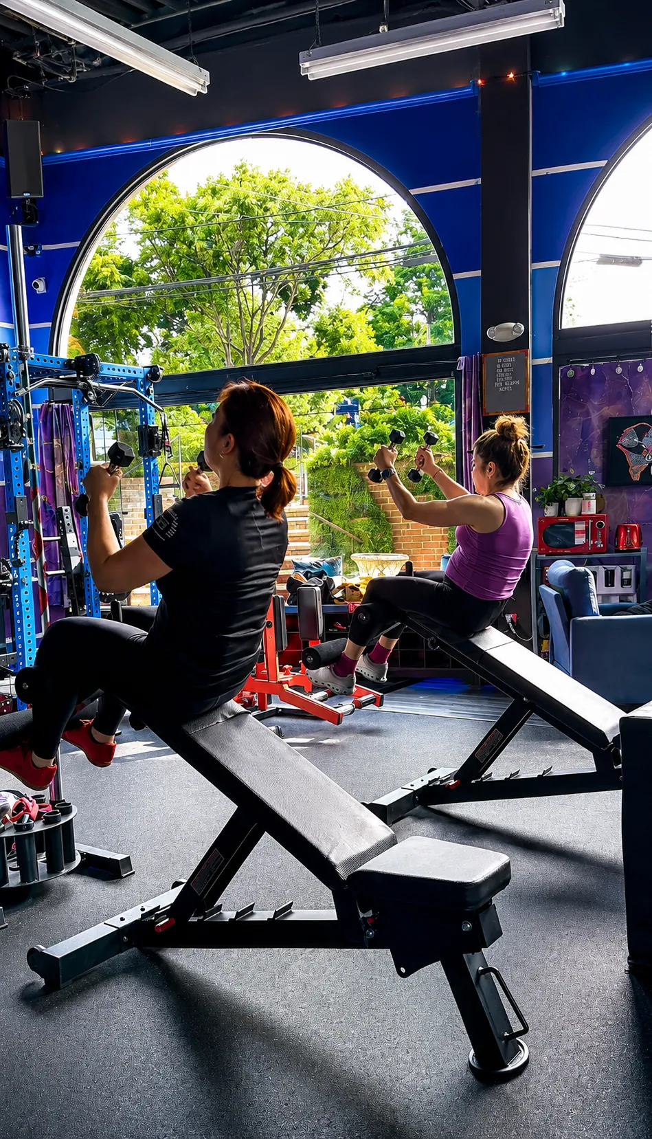 Two members doing seated incline dumbbell curls in a Core Strength class at StretchPlusFlex in Great Neck Plaza