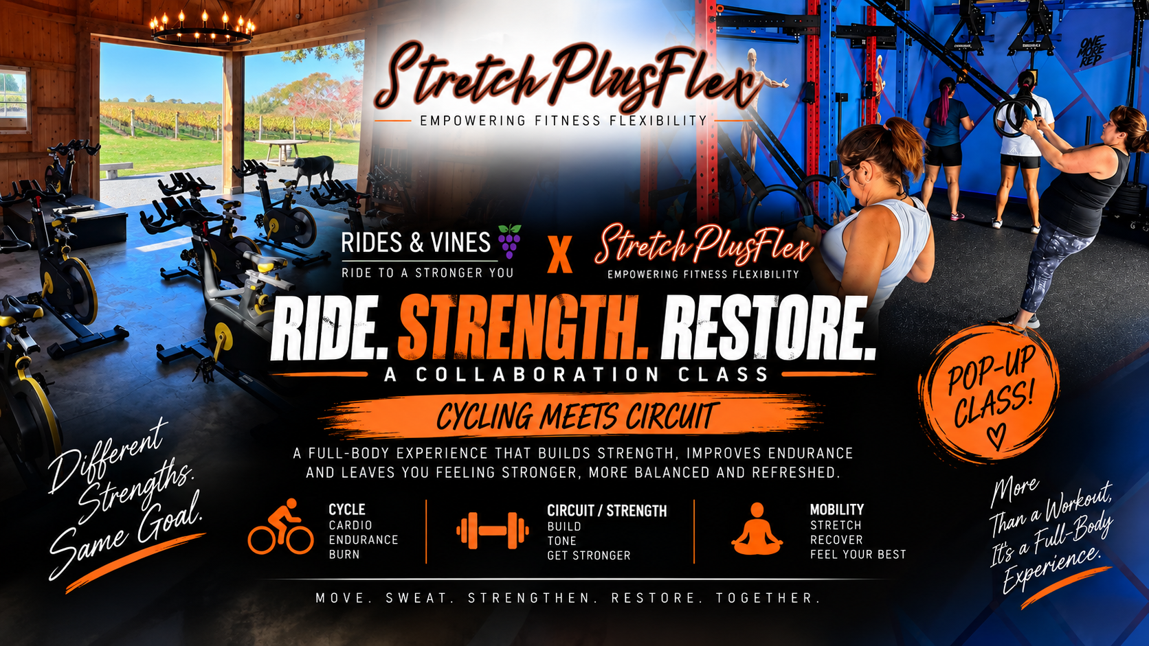 Ride. Strength. Restore. — a collaboration class between Stretch Plus Flex and Rides & Vines combining indoor cycling, strength circuit training, and mobility recovery